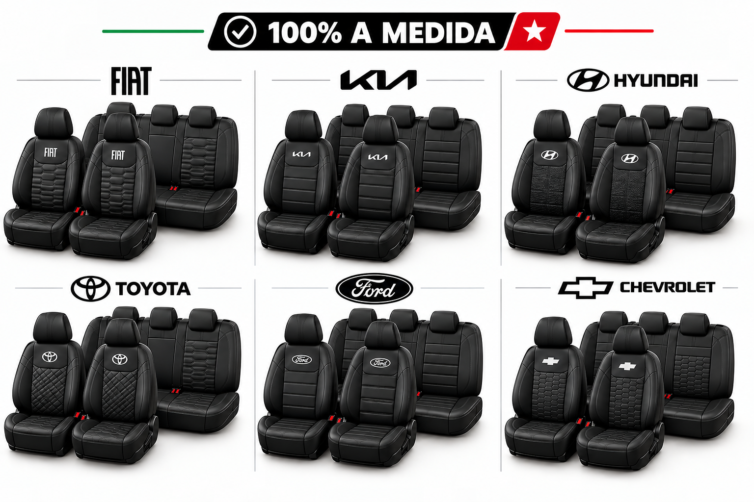 Capas de couro 100% a medida para FIAT, Kia, Hyundai, Toyota, Ford y Chevrolet