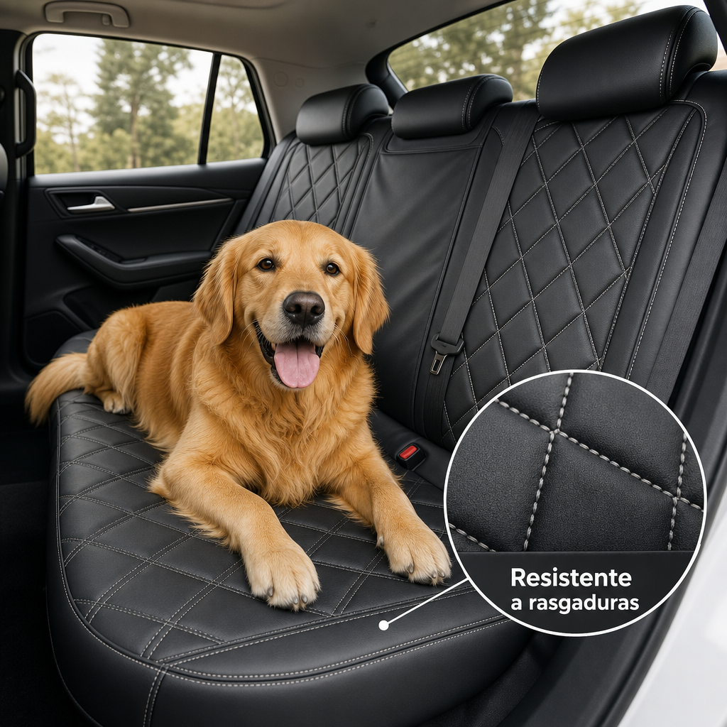 Perro descansando sobre la capa de cuero resistente a rasgaduras en el asiento trasero